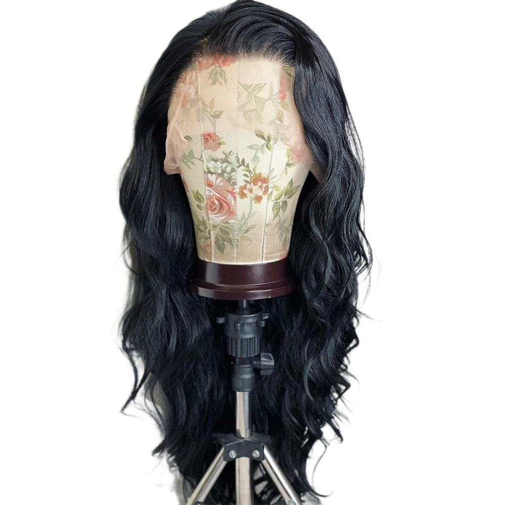 Long Wavy Heat Resistant Hair HD Lace Front Wig Pre Plucked Off black