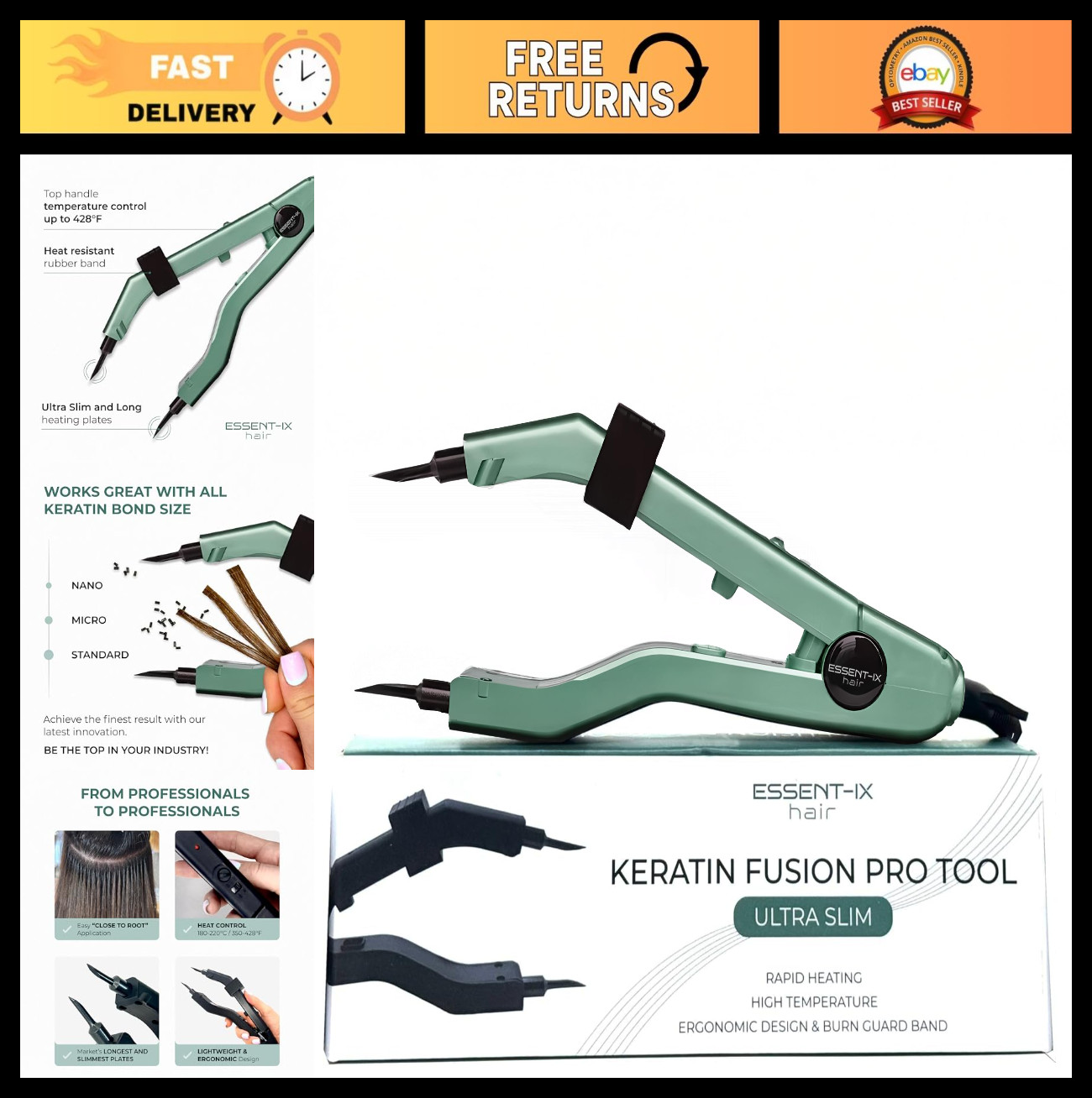 Keratin Fusion Tool for Hair Extensions – Adjustable Temp, Rapid Heat, Slim Plat