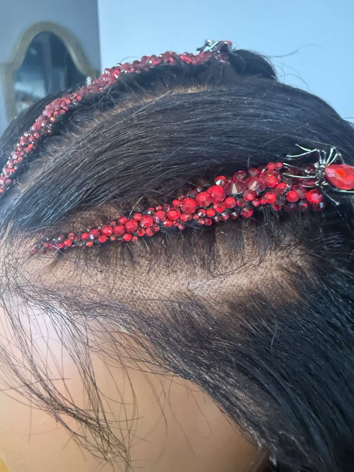 Custom styled human hair wig worn once. 13×6,30 in. w braids, crystals & spiders