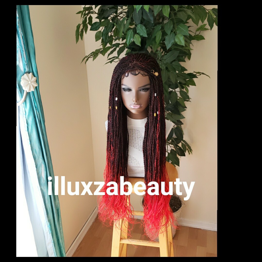 4×4 Closure senegalese twist Braided Wig black red curl L 28″-29″