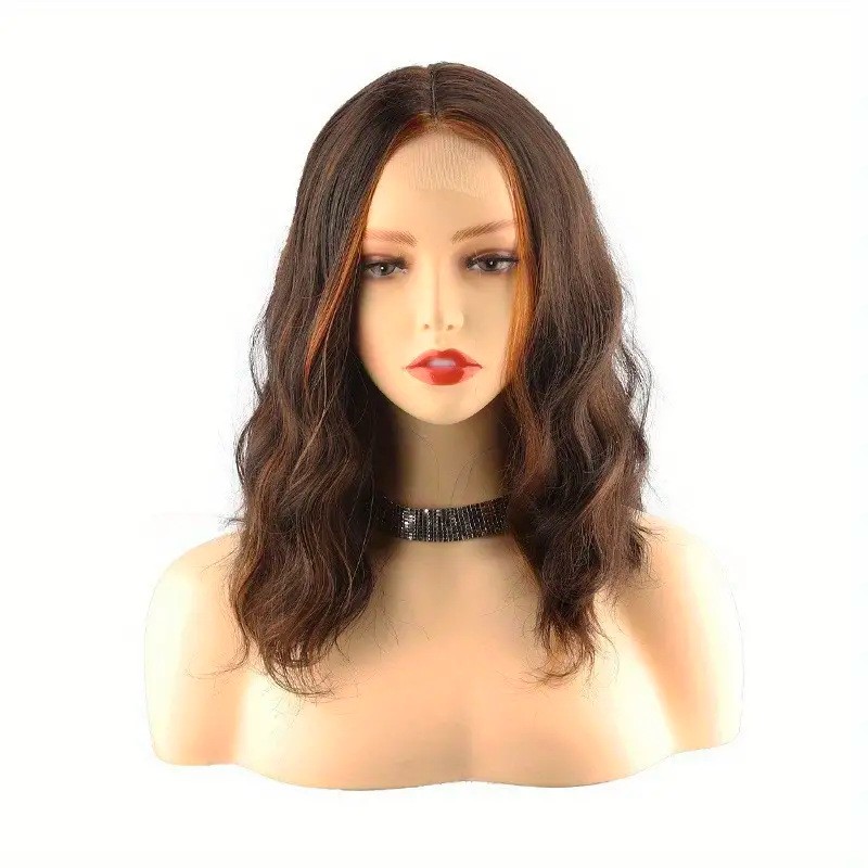 Brown Highlight Short Water Wave Curly Small Lace Synthetic Wig Heat Resistant