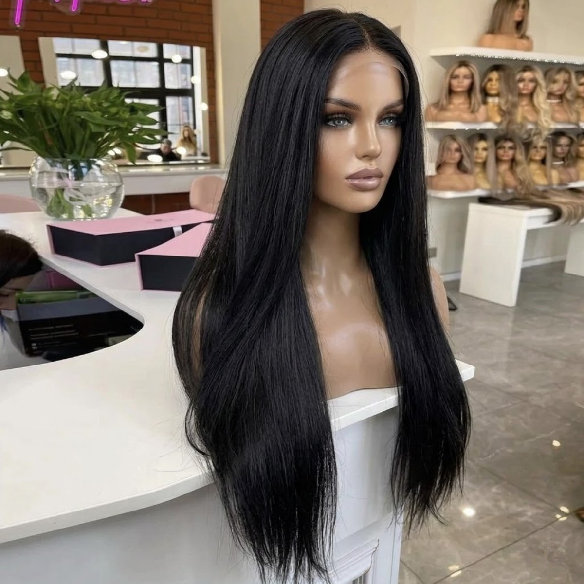 Long Straight Heat Resistant Synthetic Hair Black Frontal Lace Wigs