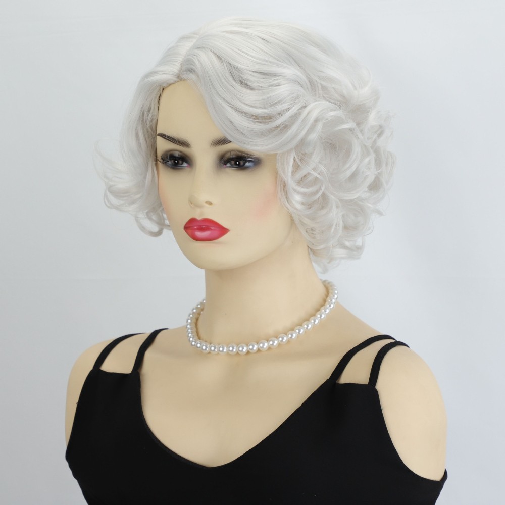 White Wavy Wig Vintage Style for Women Heat Resistant Synthetic Full Cosplay