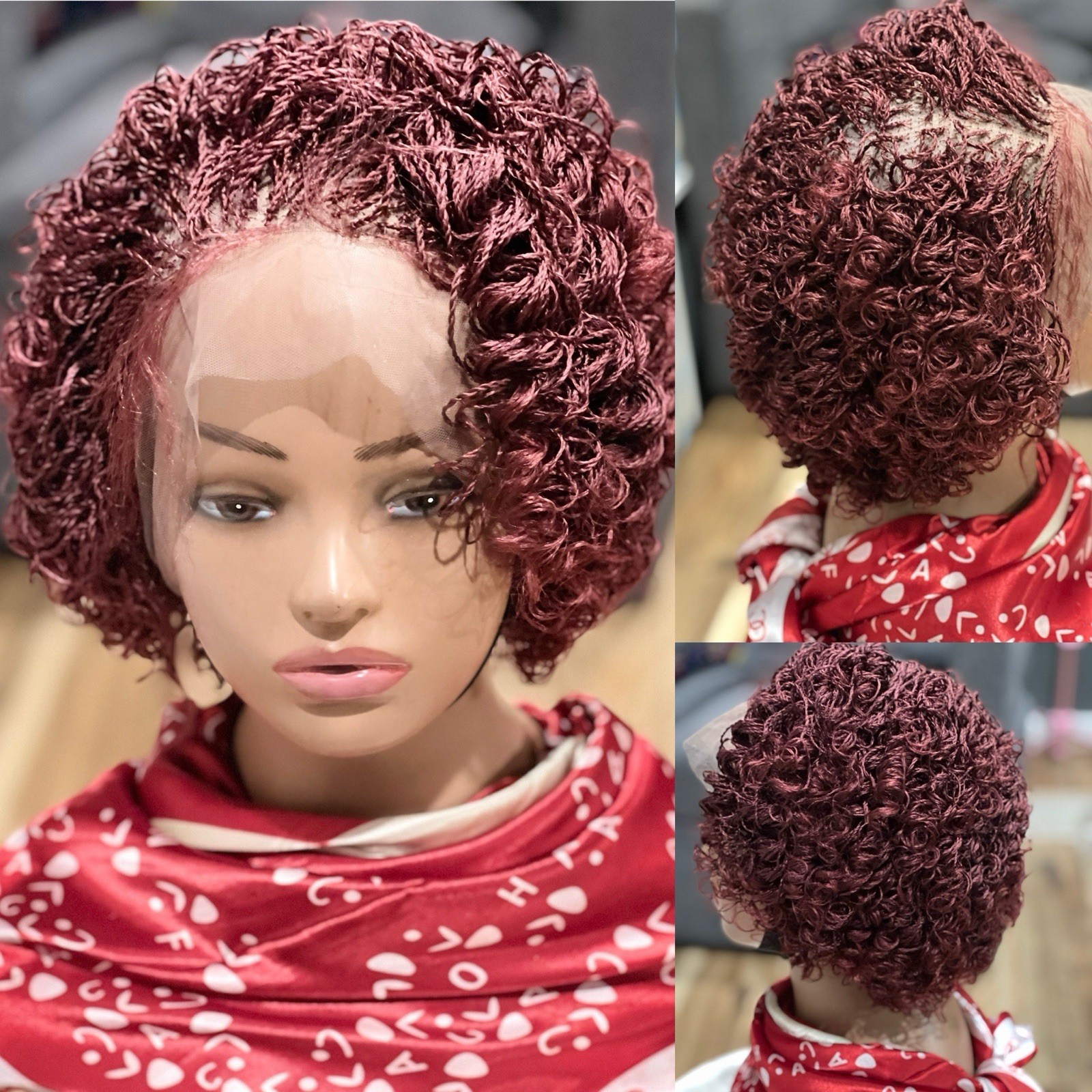 Braided micro twist Curly Burgundy Wig. made on a full lace wig.READY TO SHIP.