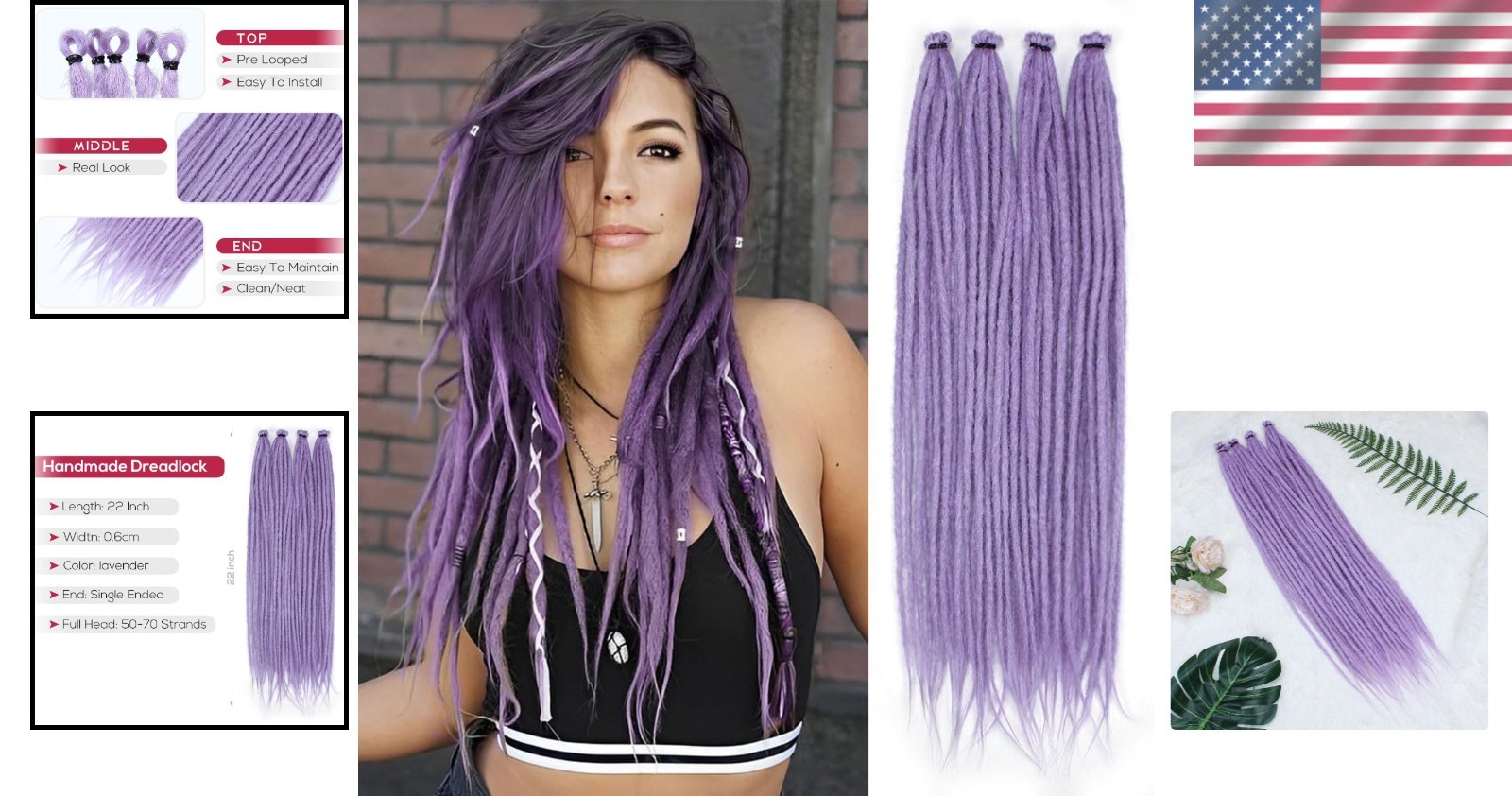 22″ Lavender Reggae Style Dreads – 10 Handmade Synthetic Extensions for Girls