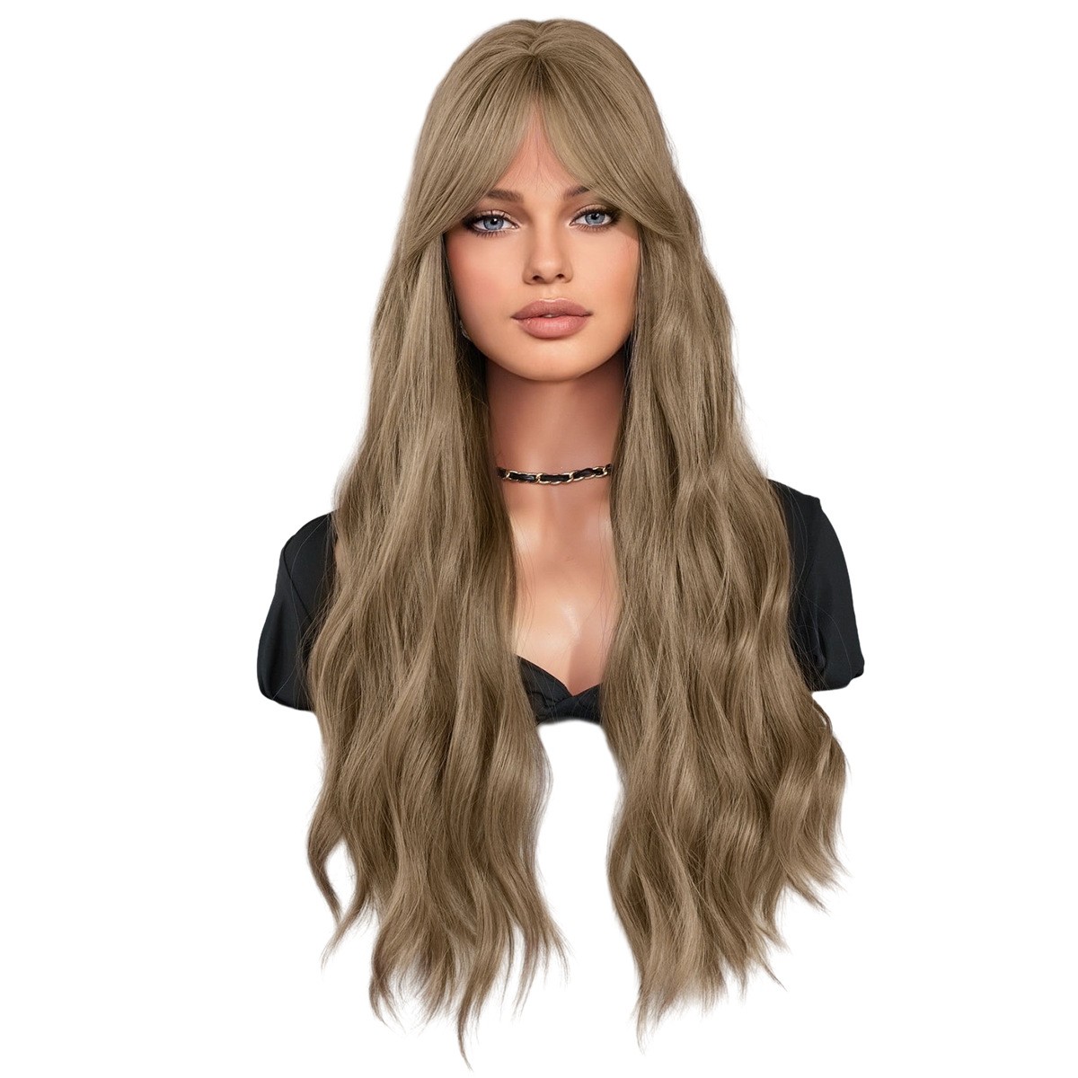 Fog Tea Light Brown Long Wavy Curly Wig with Side Bangs Japanese Korean Style