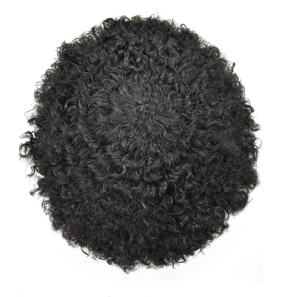 Lace Front Afro Curl Mens Toupee Poly Skin African American Human Hair Piece Wig