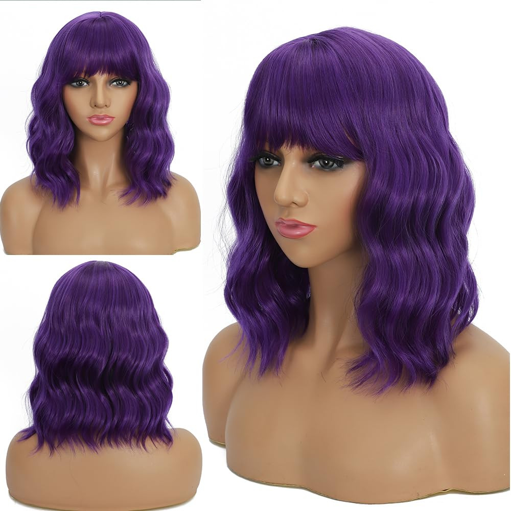 Dark Purple Wigs with Bangs for Women 14 Inch Short Wavy Bob Wigs Synthetic Bob