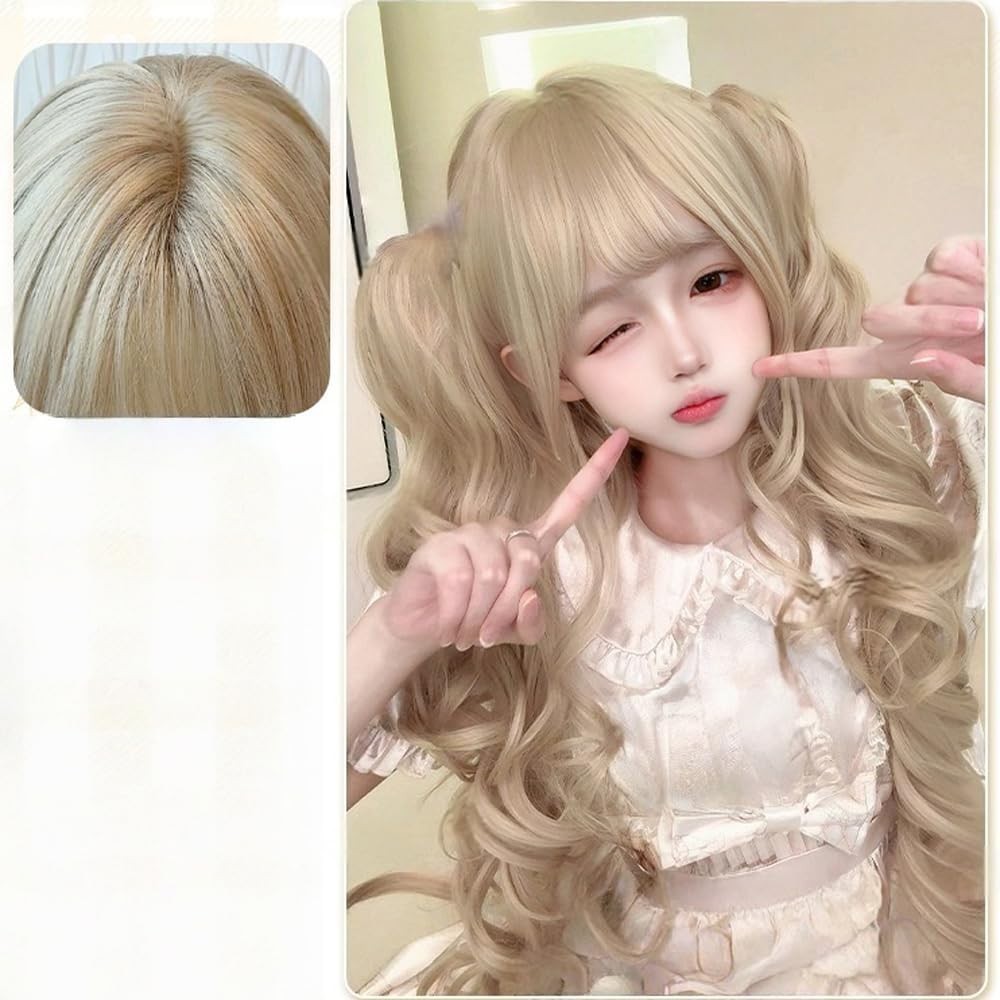 Japanese Lolita Wig Long Curly Ponytail Blonde Hair Cosplay Costume