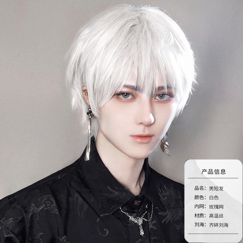 Harajuku Japanese Fluffy Kakkoii White Short Hair Boys Men Cosplay Wig Gift #D