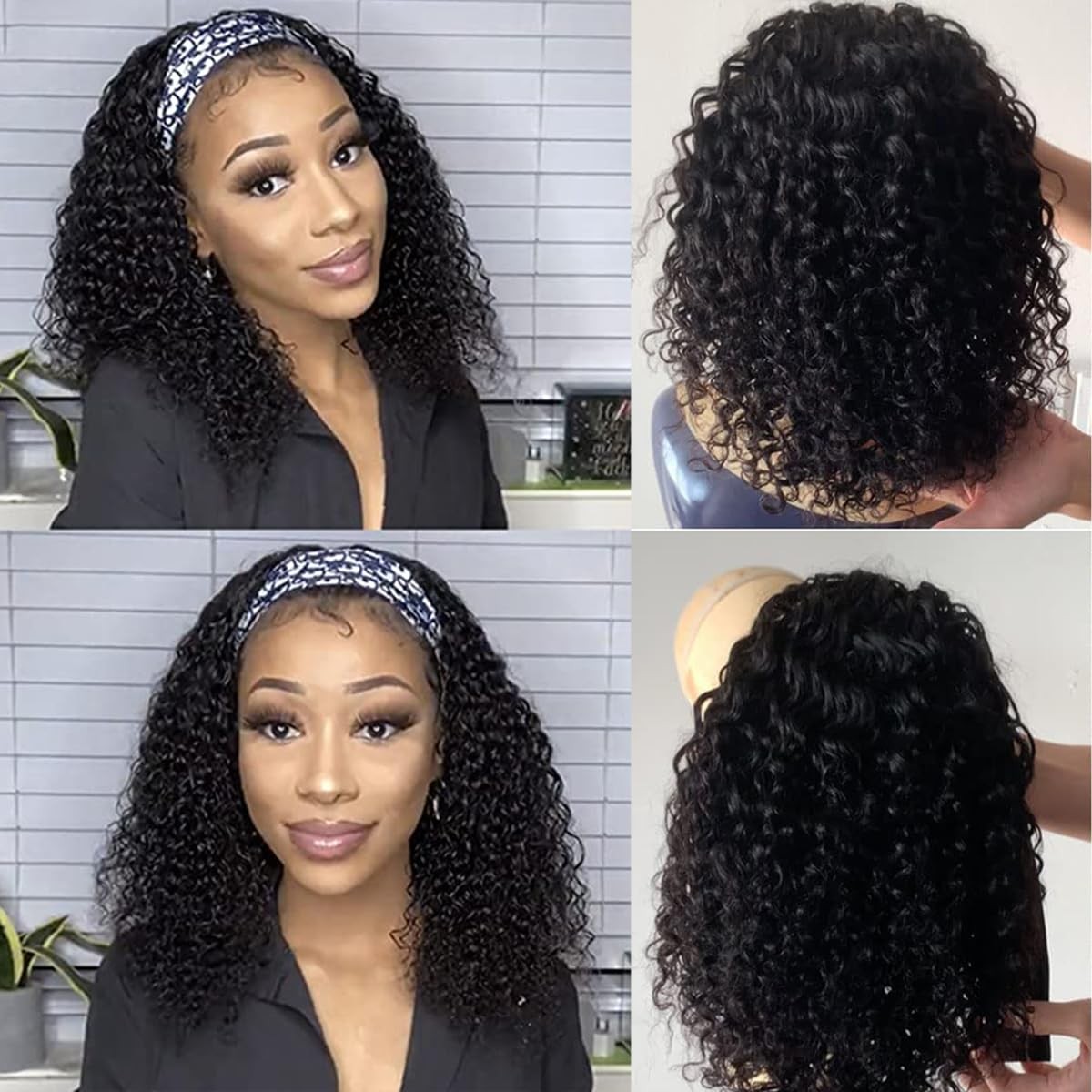 Water Wave Headband Human Hair 150% Density Afro Wigs for Black Natural Curls