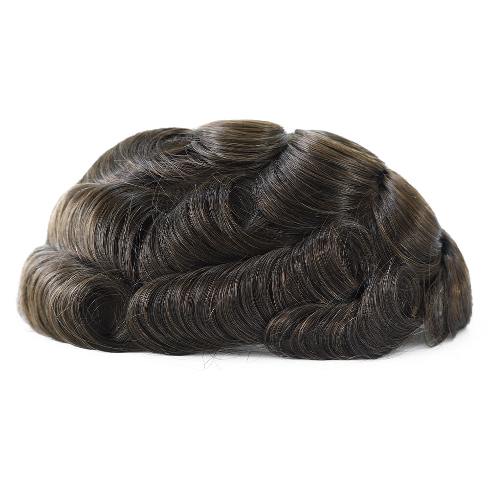 Mens Toupee Swiss Lace Human Hair Replacement System Dark Brown Hairpieces #2