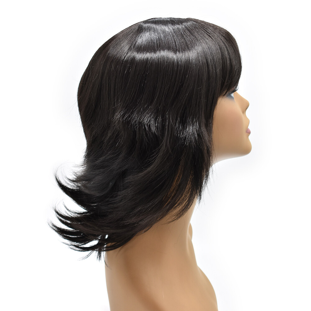 Layered Women Wigs with Bangs Premium Synthetic Shoulder Length Black Brown Hair