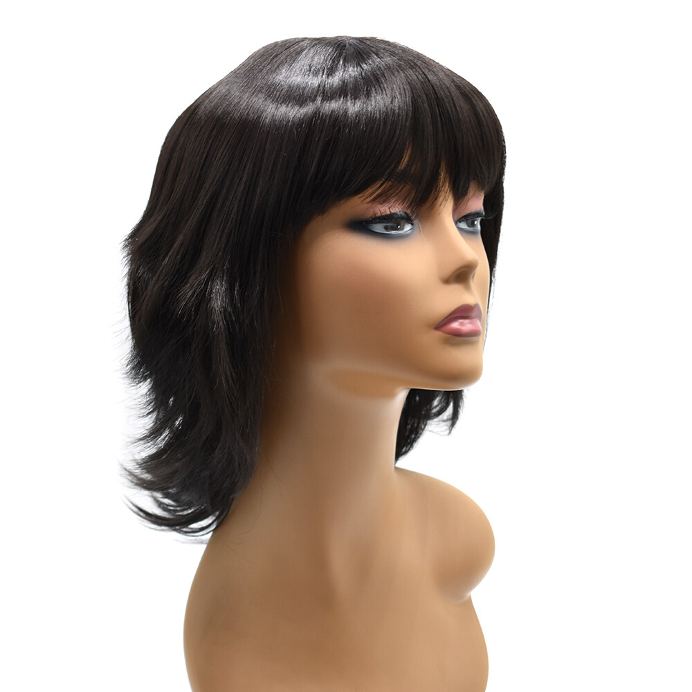 Layered Women Wigs with Bangs Premium Synthetic Shoulder Length Black Brown Hair