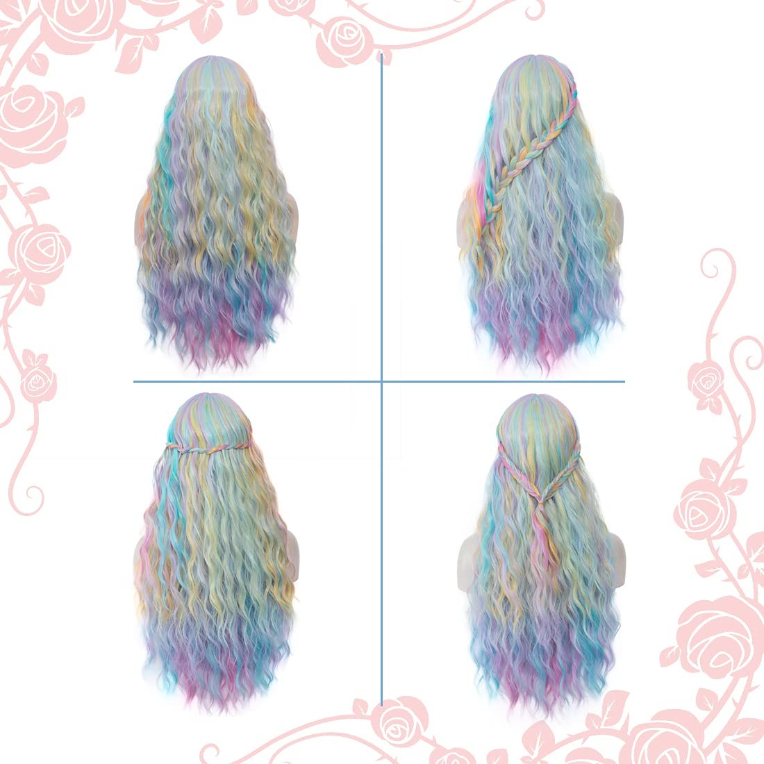 Women’s Multi Color Rainbow Wig 27”Long Curly Wavy Wig Flat Bangs Wig For Wo…