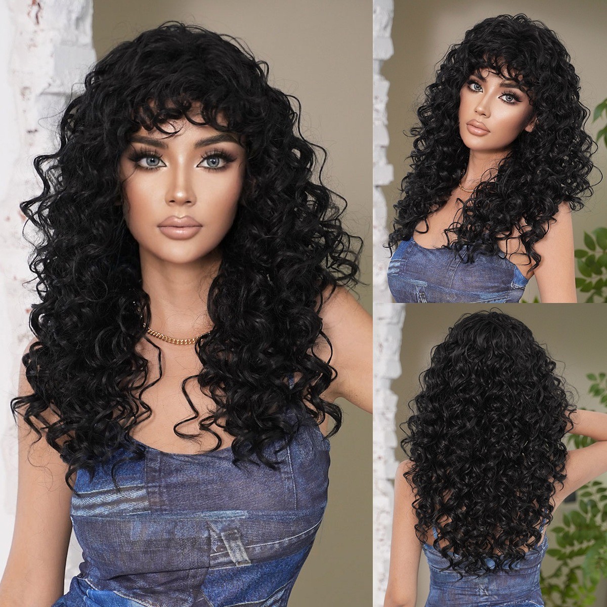 Black spring coil wig with deep wavy long hair for black people with air bangs