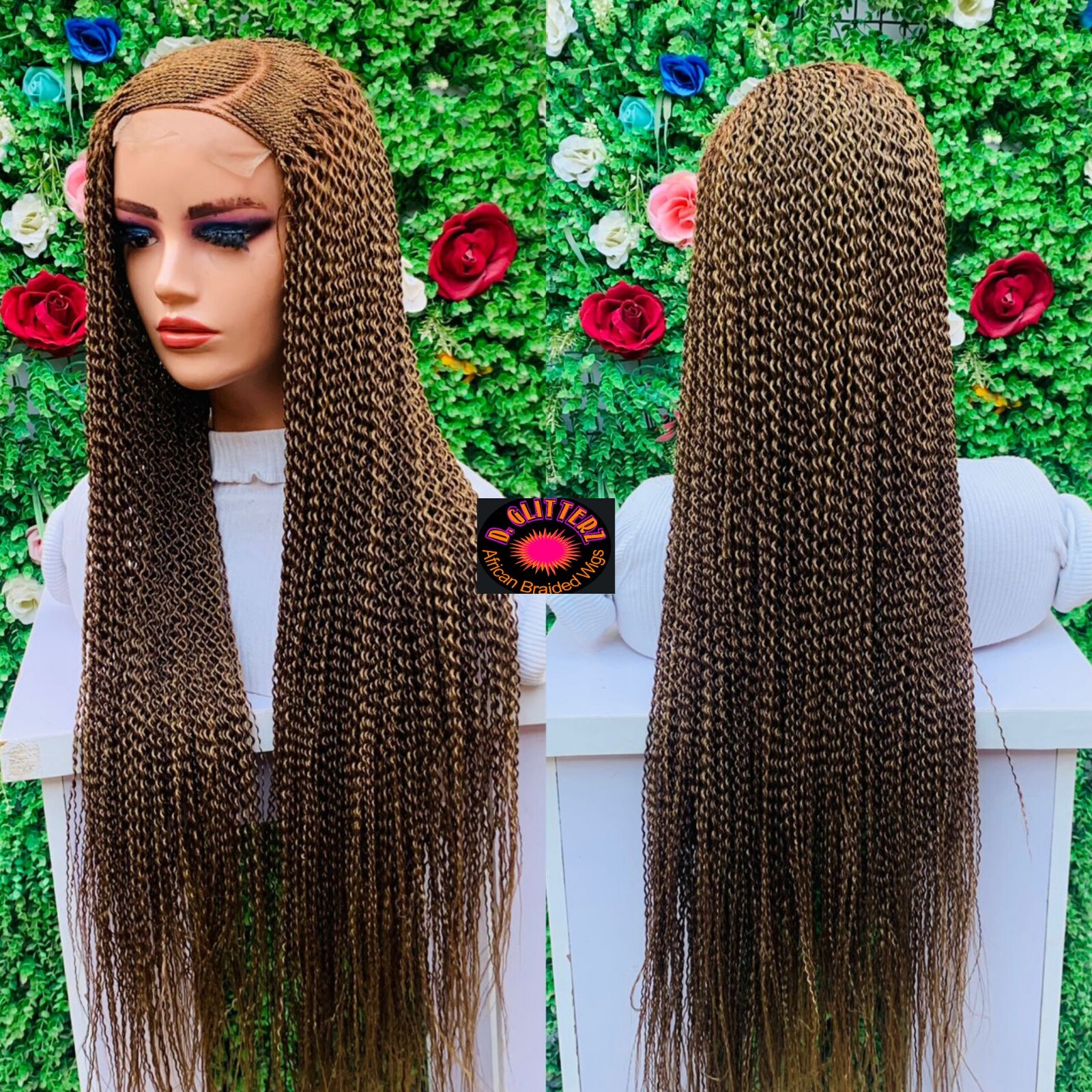 WATERMELON BRAIDED WIG. Gold Blue Burgundy 40″