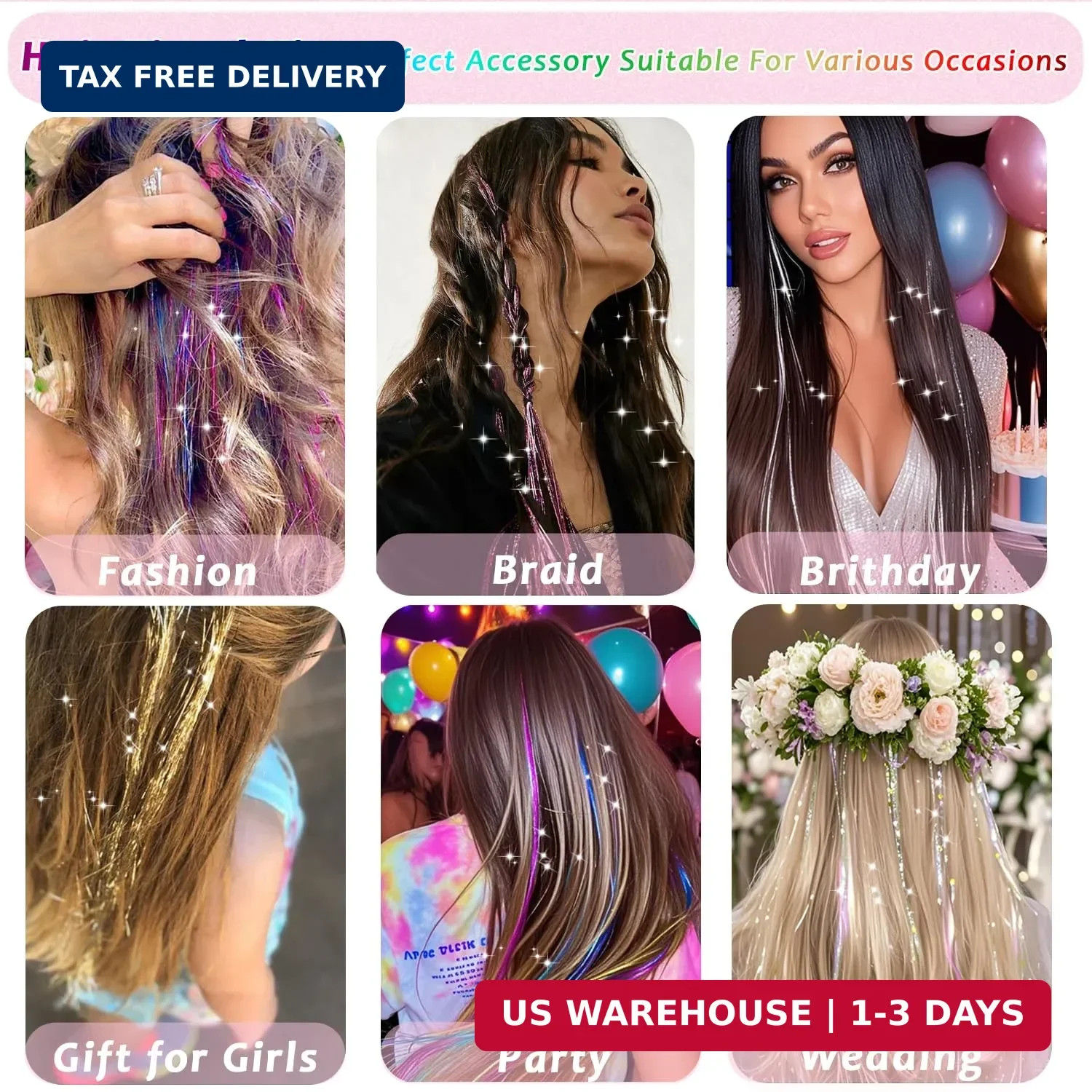 Hair Tinsel, 24 Colors 9800 Strands Hair Tinsel Kit with Tools 48 Inch Glitter T