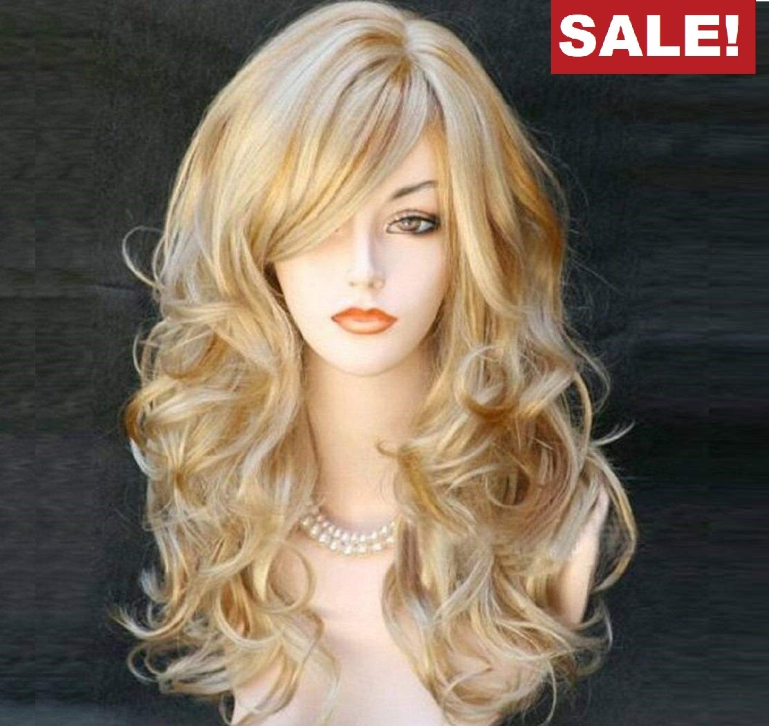 Pop Womens Golden Blond Heat Resistant Long Curly Wavy Full Volume Hair Wig USA