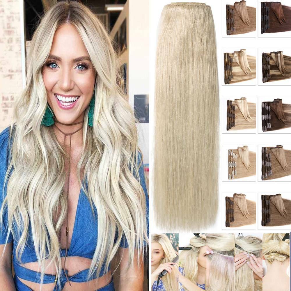 Russian Blonde Clip in Thick Double Weft Full Head Remy Human Hair Extensions US