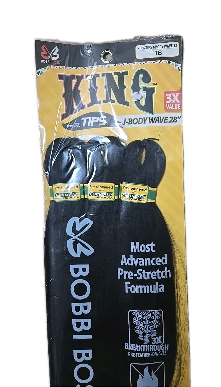 BOBBI BOSS TIPS KING J BODY WAVE 28″ Inch Pre-Feathered Tips Color 1B (3 Per Bag