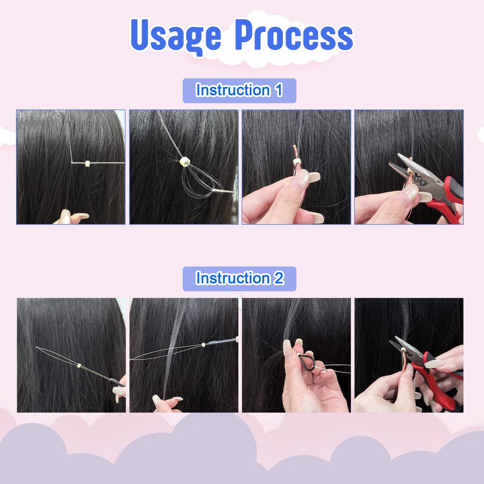 Hair Extension Tools Kit,300 Pcs Silicone Lined Micro Links Beads（3 Blue