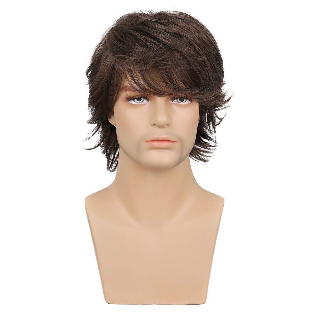 Mens Brown Wig Short Layered Natural Wavy Heat Resistant Synthetic Hair Wigs US