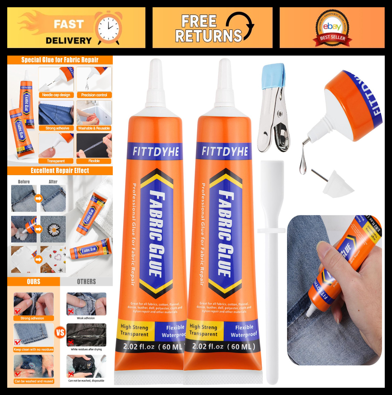 2 Pack Permanent Fabric Glue 60ML Washable Clear Adhesive for Clothes, Denim, Pa