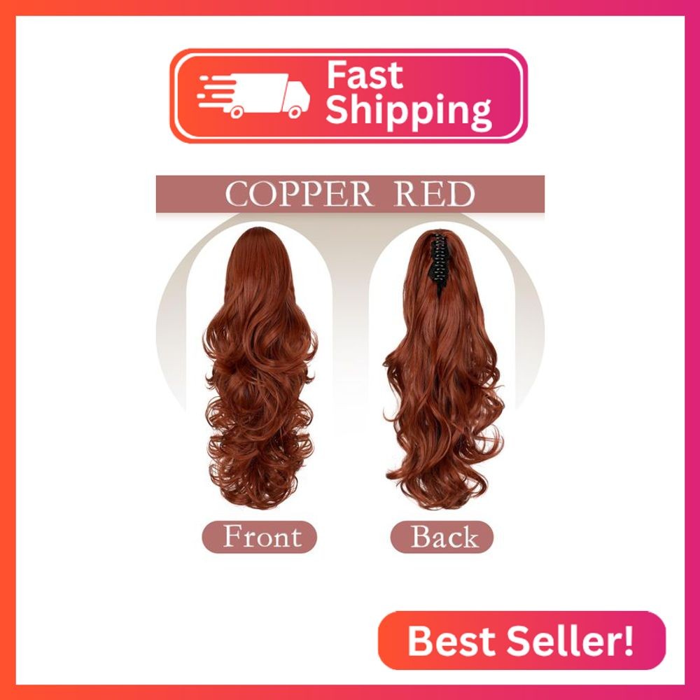 FELENDY Ponytail Extension Claw 18″ Copper Red Curly Wavy Clip in Hairpiece One