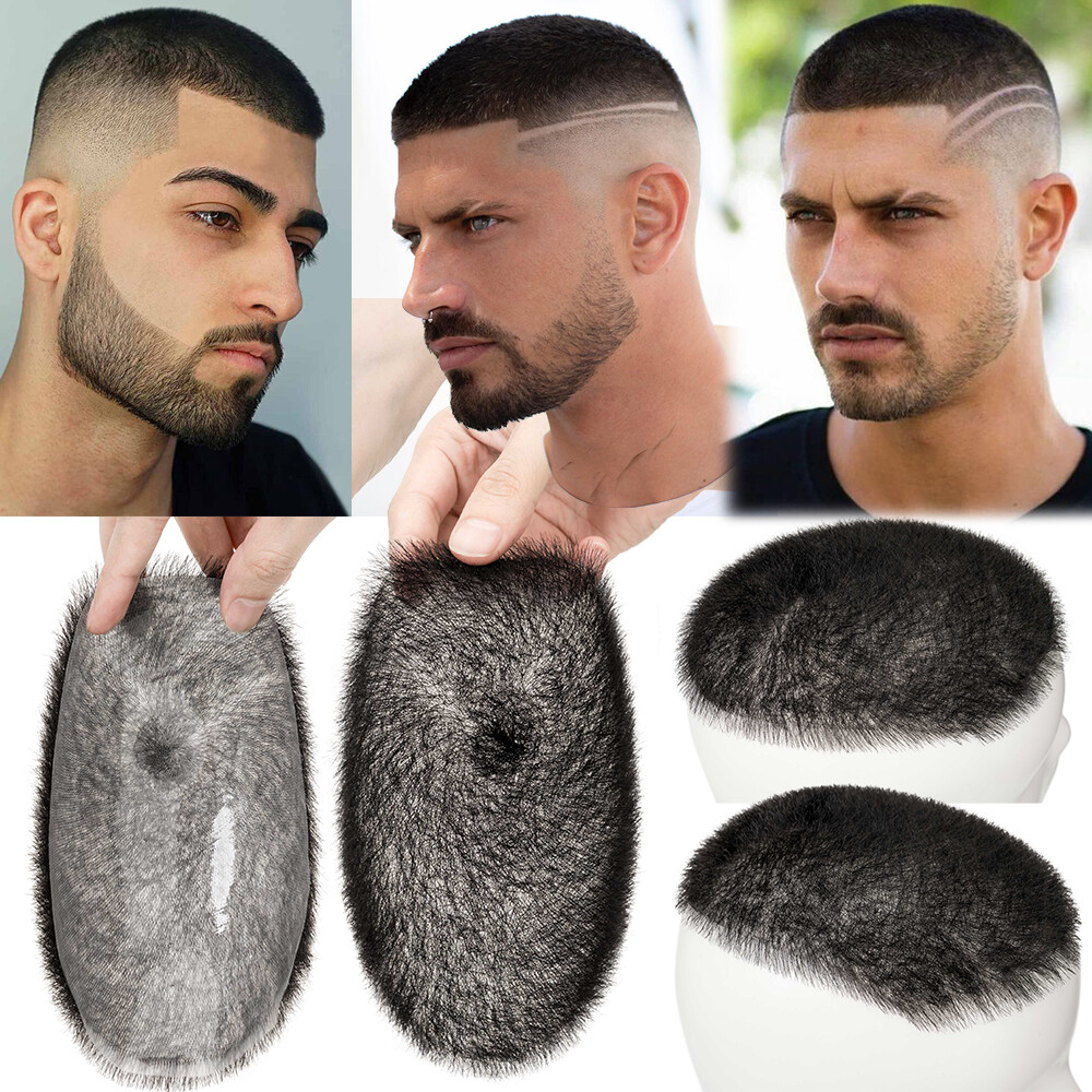 Toupee Men Hair System Full Poly Skin PU Human Hair Replacement Hairpiece Wig US