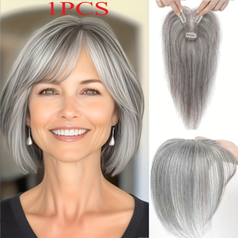Premium Breathable Human Hair Topper with Bangs for Thinning & Gray Hair Needs