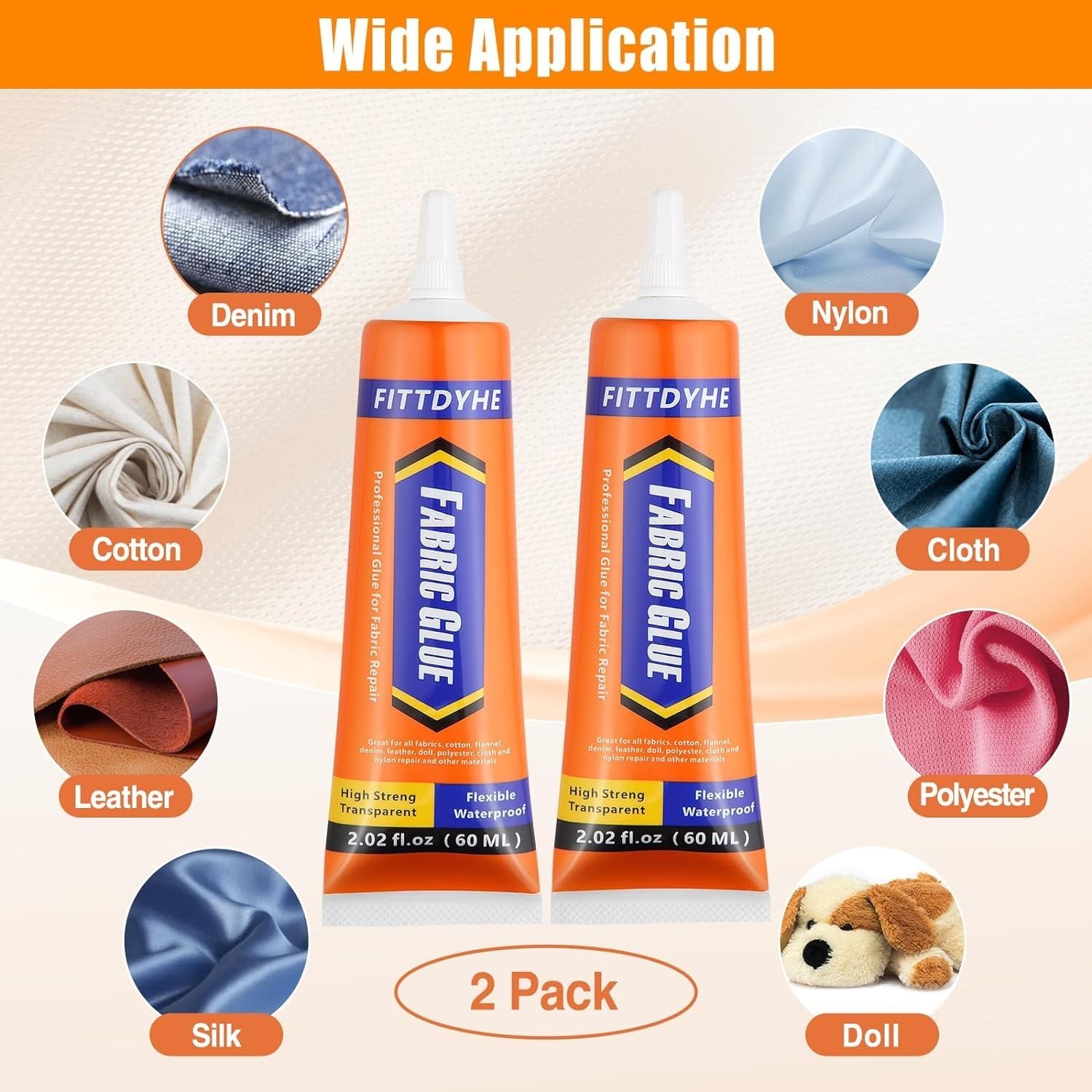2 Pack Permanent Fabric Glue 60ML Washable Clear Adhesive for Clothes, Denim, Pa