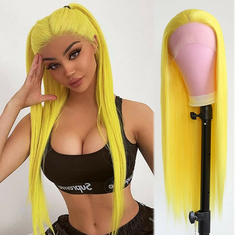 Lace Front Yellow Wig 24In Long Straight Yellow Wig for Women Cosplay Party Wear