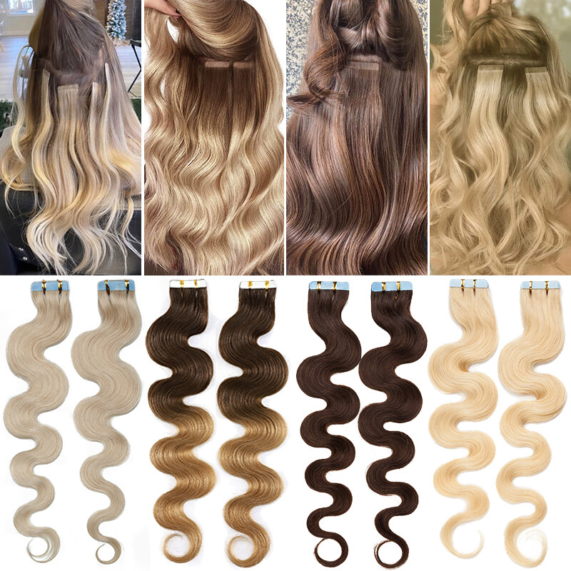 200g 80pcs Tape In Human Hair Extensions Skin Weft FULL HEAD Body Wave Ombre