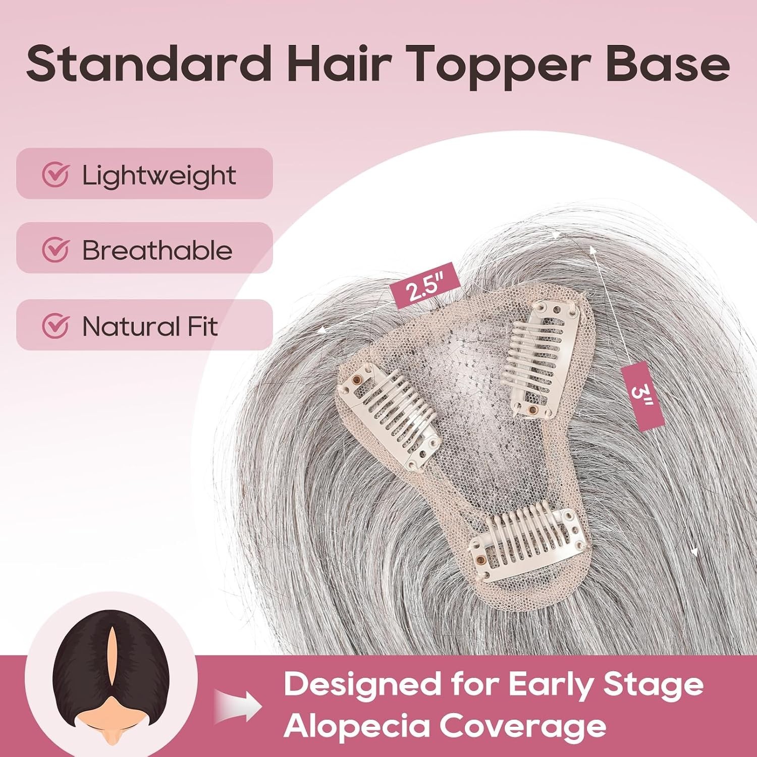 Gray Mixed Black w/ Brown Tones 10in 100% Real Human Hair Topper