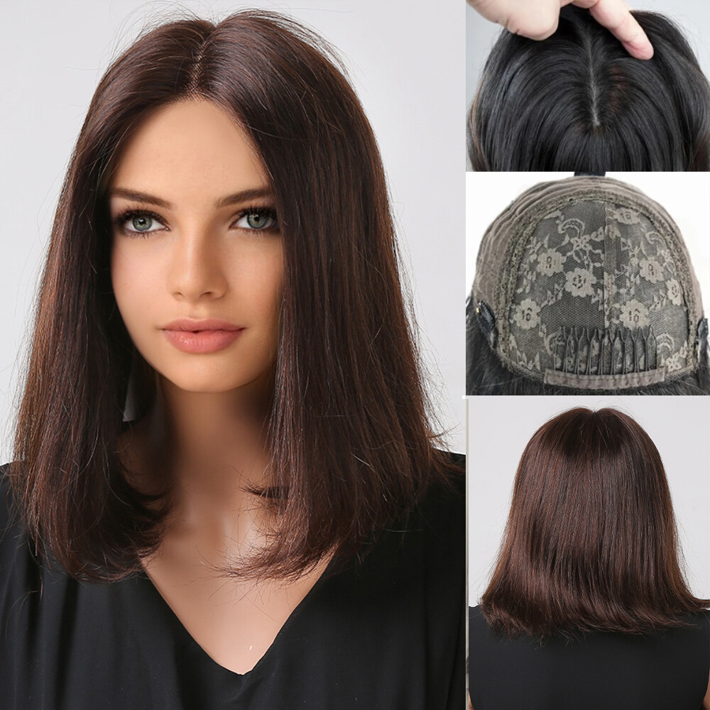 Brown Virgin Human Hair Jewish Topper Silk Base Kosher Sheitel HairPiece Women