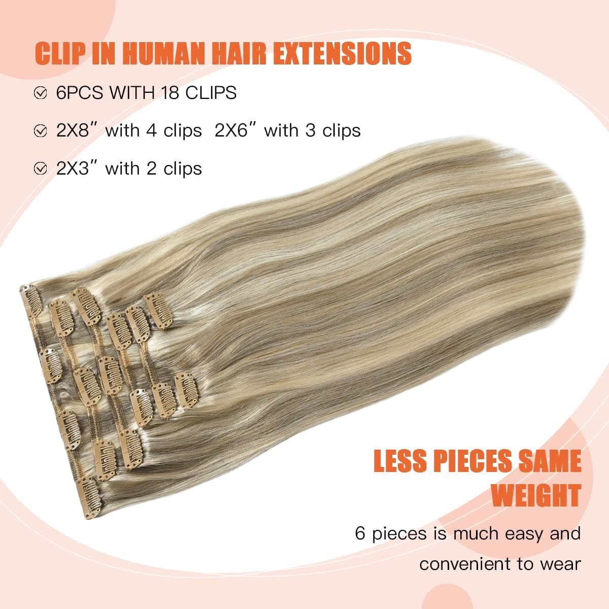 Clip in Hair Extensions Real Human Hair – 20 inch 70g Ash Blonde Mixed Bleach…