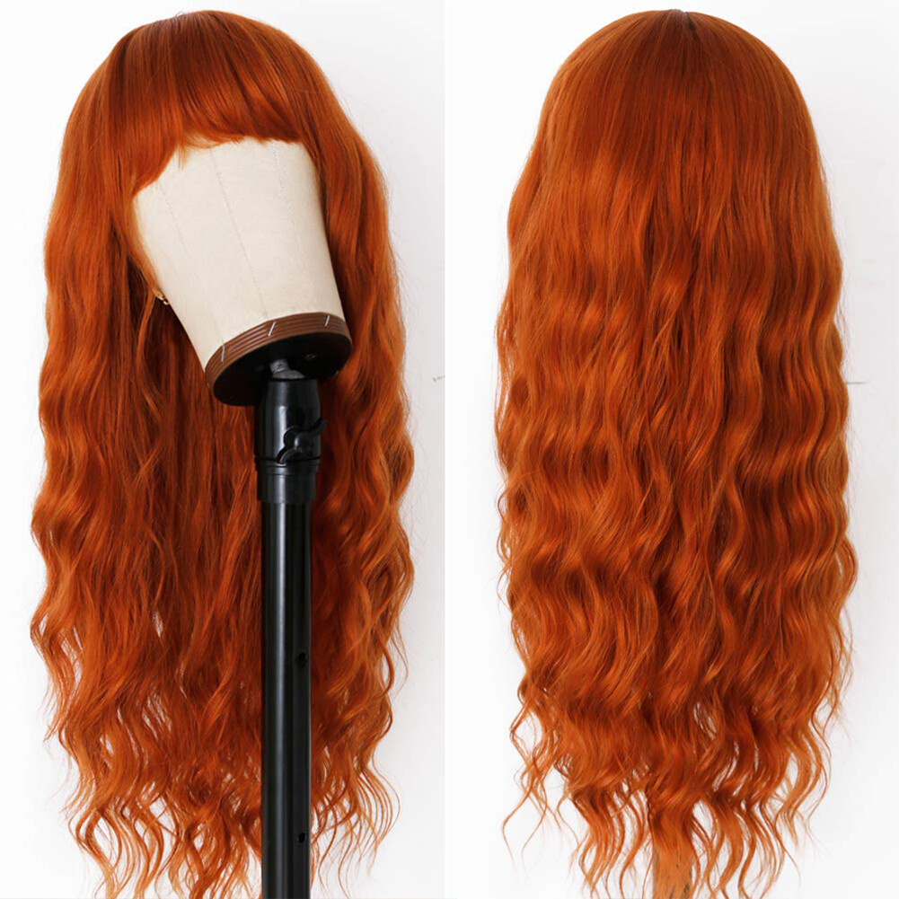 Long Loose Wavy Wig Orange Heat Resistant Synthetic Hair Wigs Full Bangs Natural