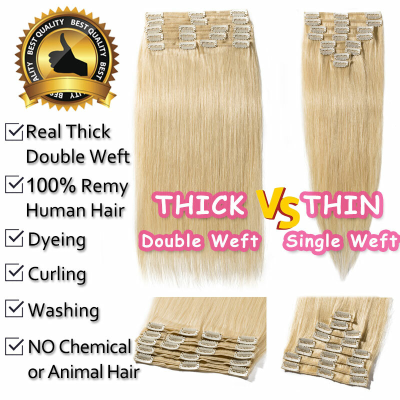 Extra Thick Double Weft Clip In Weave Remy Human Hair Extensions Full Head Brown