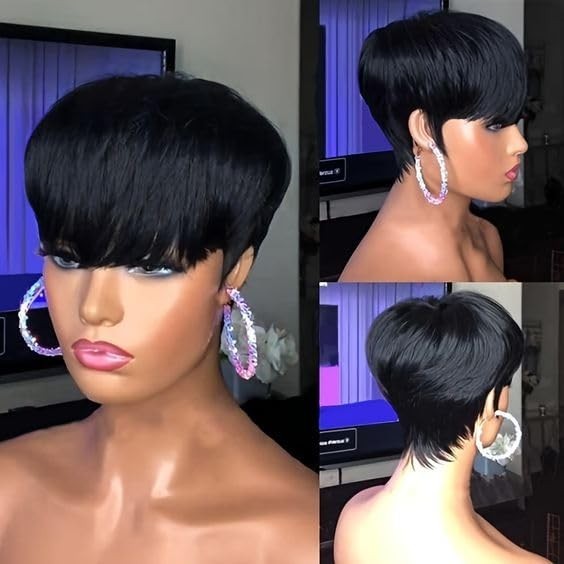 Human Hair Pixie Wig Short Layered G-Free for Black Women 100% Virgin
