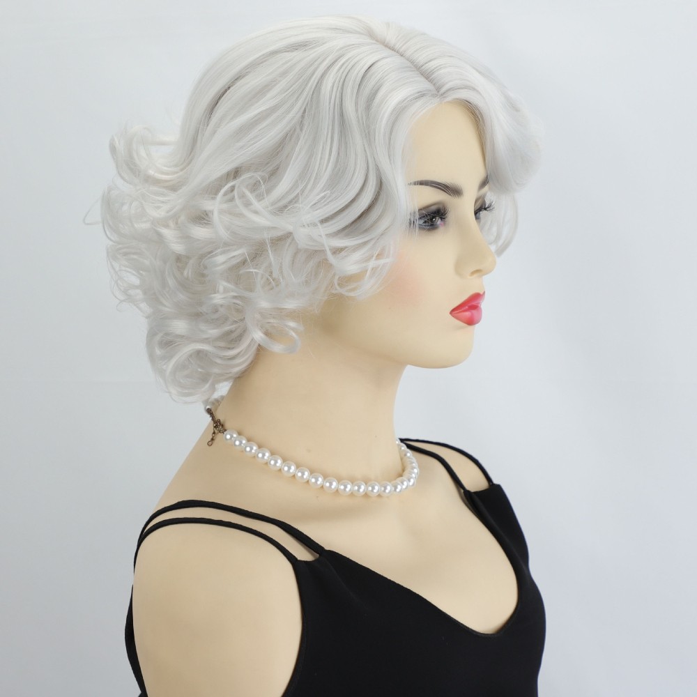 White Wavy Wig Vintage Style for Women Heat Resistant Synthetic Full Cosplay