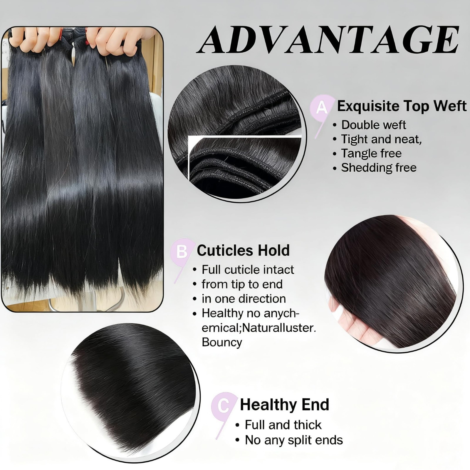 100% Unprocessed Straight Human Hair Bundles 20-26 Inch, Thick Virgin Extensions