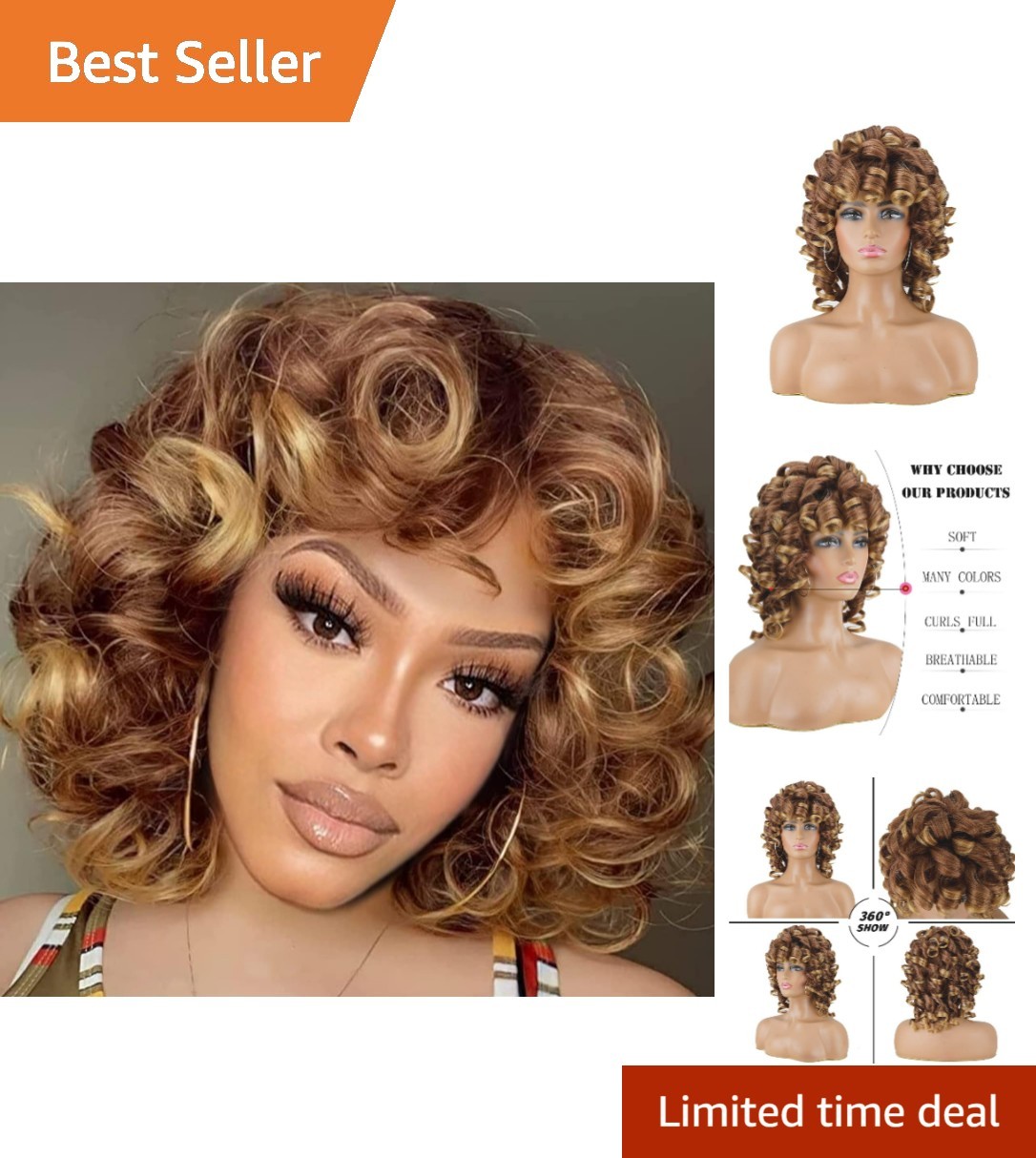 Short Afro Kinky Curl Wig with Bangs – 14-Inch Synthetic Beauty in Ombre Blonde