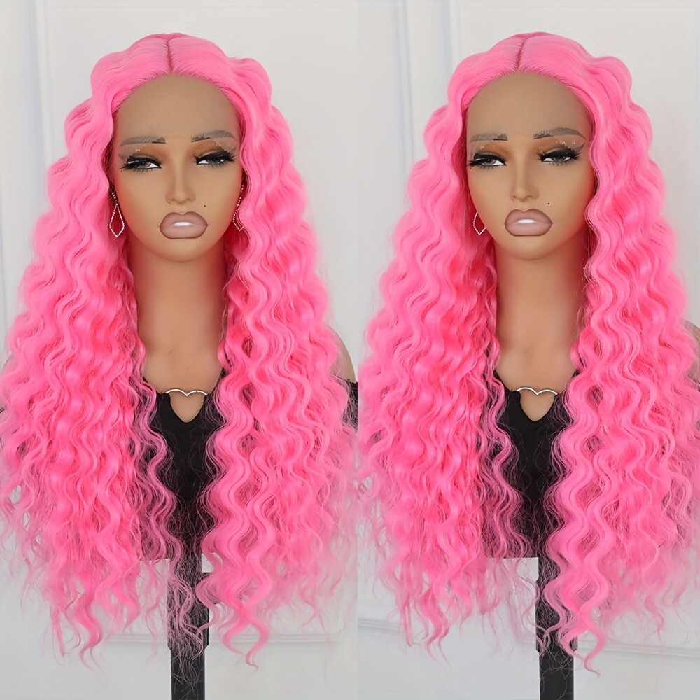 Long Kinky Curly Pink Color Synthetic Lace Front Wigs Women Party Heat Resistant
