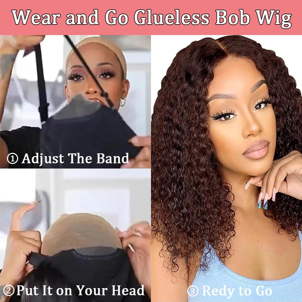 Pinketer Chocolate Brown Glueless Bob Wig Human Hair Wear And Go Deep Wave Wig