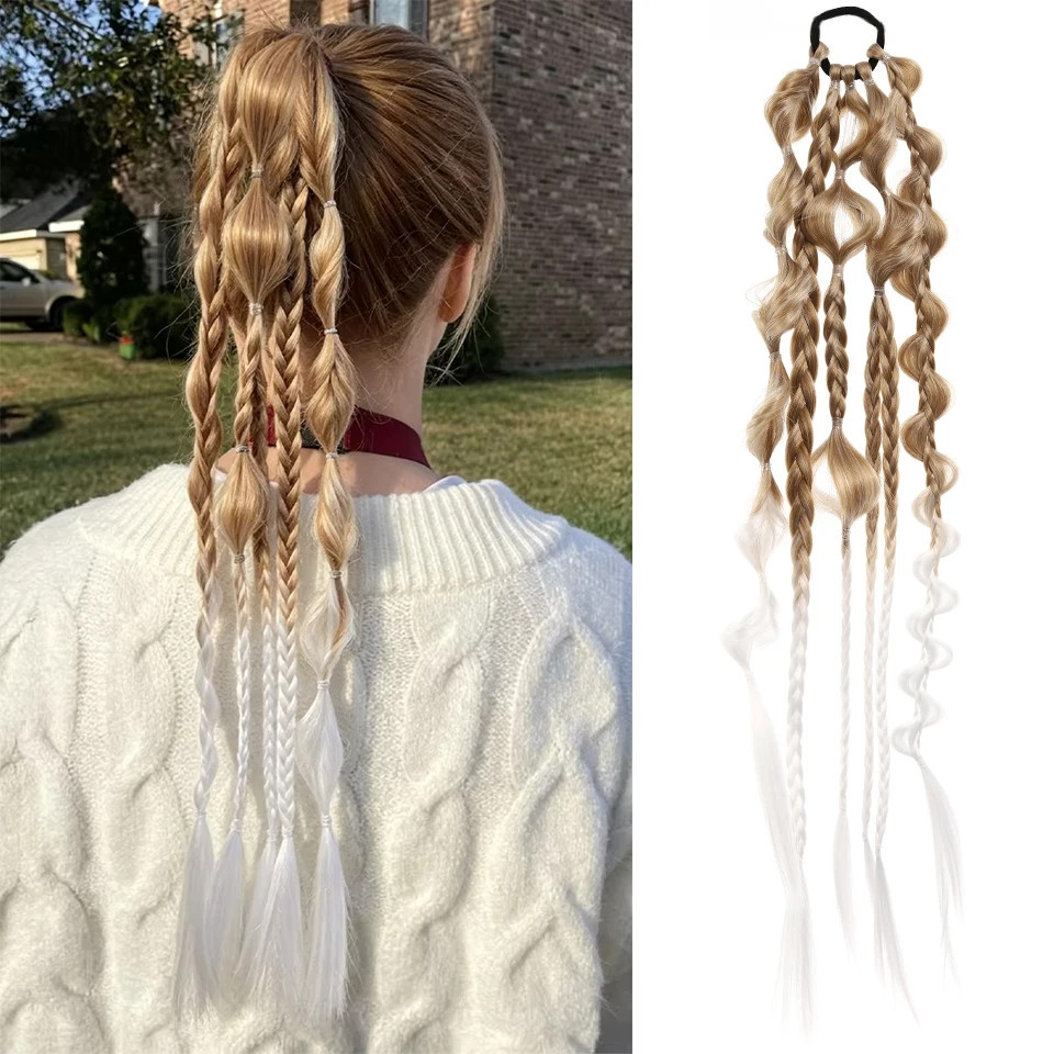 Lightweight Synthetic 24Inch Long Braided Bubble Ponytail Wig For Women Party