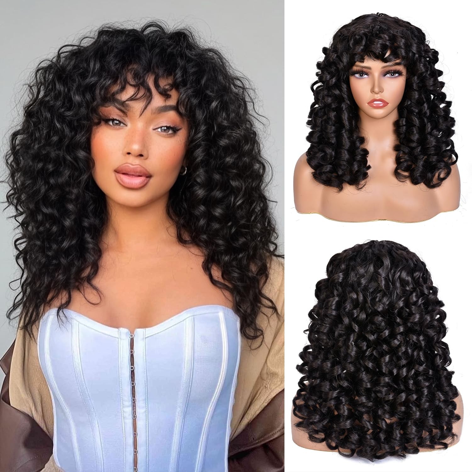 Chocolate Brown Curly Wigs for Black Women Long Curly Afro Wig with Bangs for…