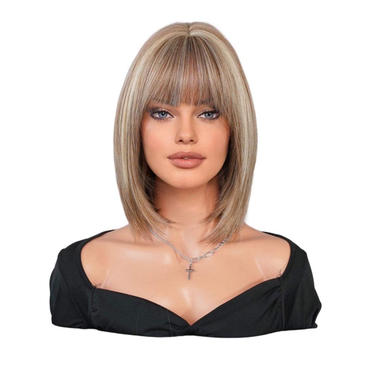 Short Bob Wig Brown Blonde mix Beige Highlight Full Head Fashion Sythenic Wigs