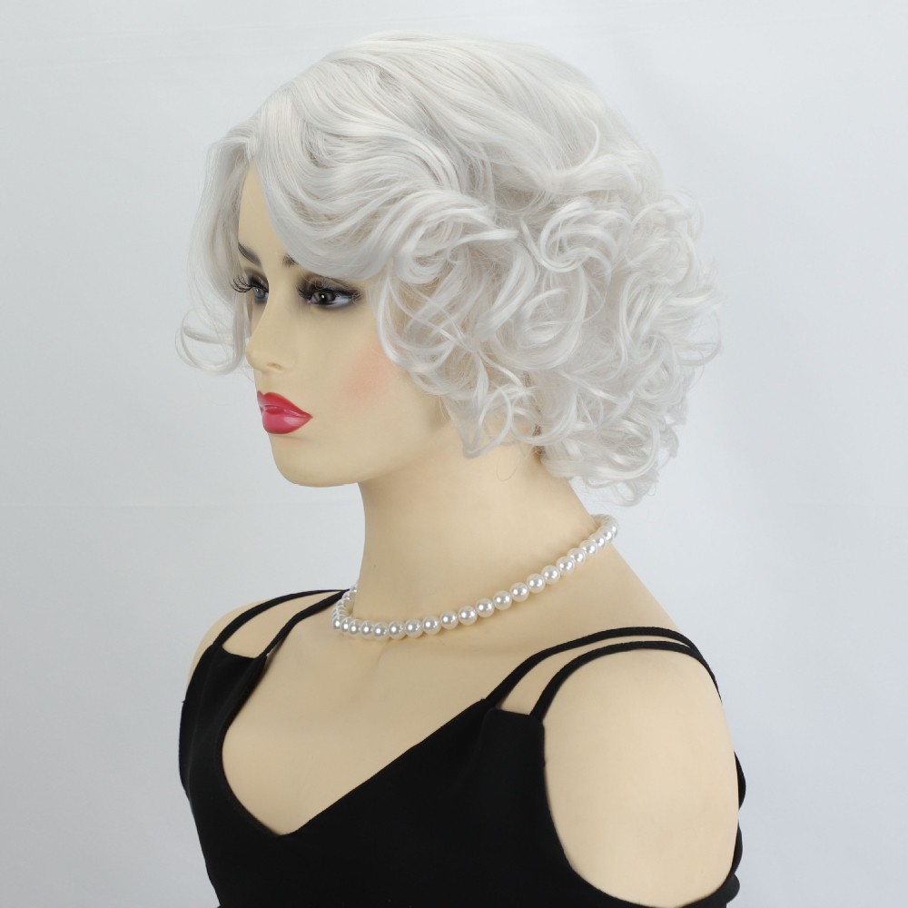 White Wavy Wig Vintage Style for Women Heat Resistant Synthetic Full Cosplay