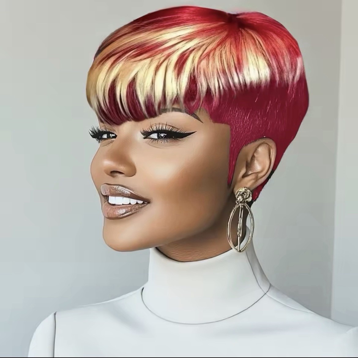Women Straight Pixie Cut Wig Red/Blonde Highlights Colored Fashion Short Style